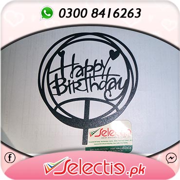 Happy Birthday Black Round Non Breakable Cake Topper